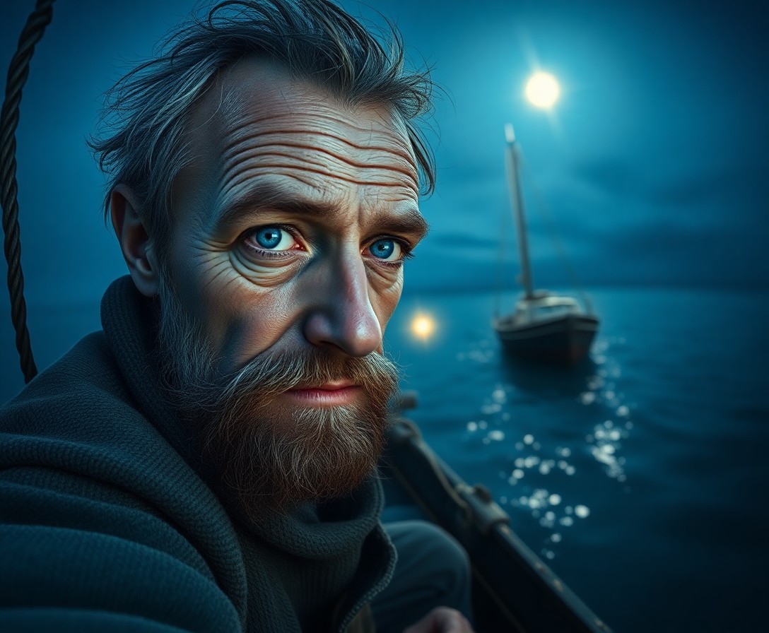 AI generated art for prompt: Craft a hyperrealistic digital portrait showcasing a weathered fisherman with rough skin and piercin