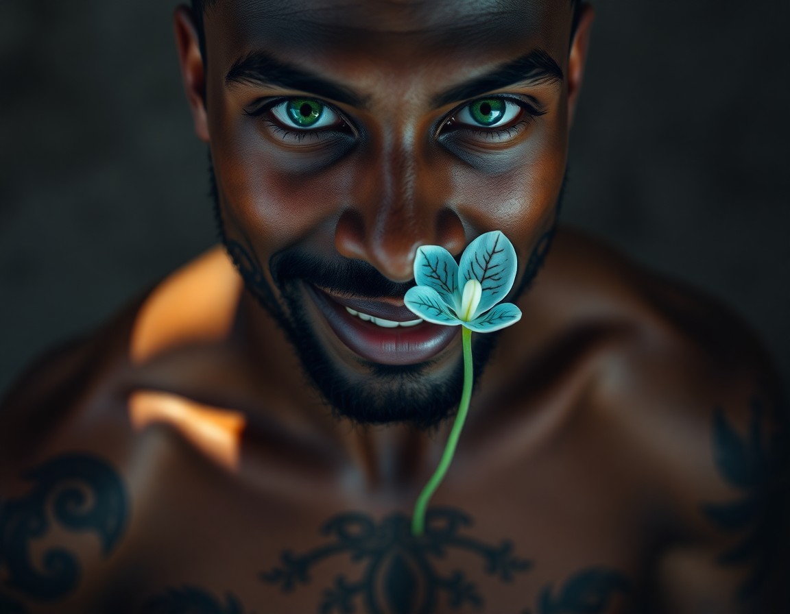 AI generated art for prompt: A photorealistic portrait captures a Caribbean man with piercing green eyes and an enigmatic smile f