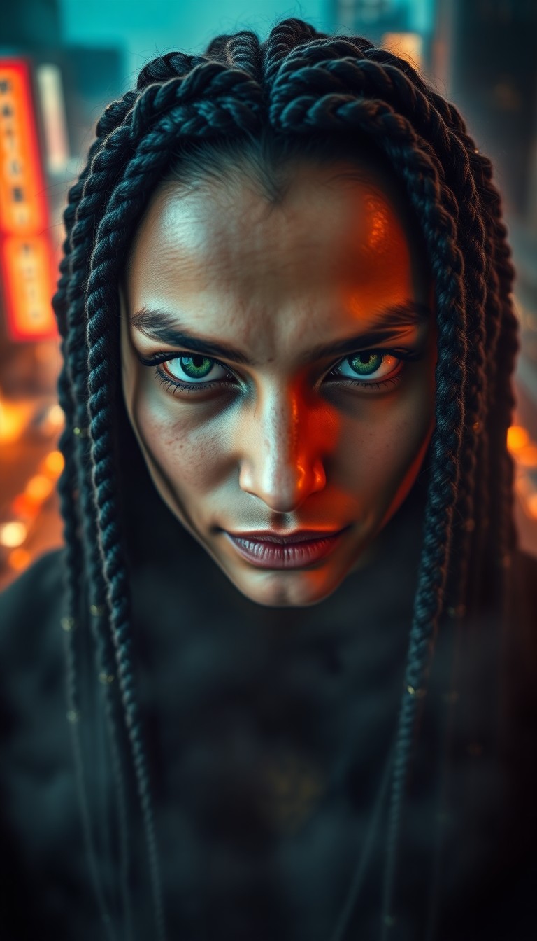 AI generated art for prompt: A portrait photograph unveils an enigmatic urban shaman with piercing emerald eyes and intricately b