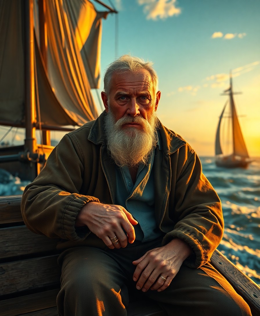 AI generated art for prompt: A hyper-realistic portrait, reminiscent of classic Dutch painting, captures an aged sailor's essence