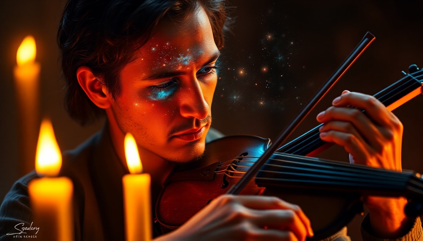 AI generated art for prompt: Craft a hyper-realistic portrait of an enigmatic blind musician bathed in the warm glow of candlelig