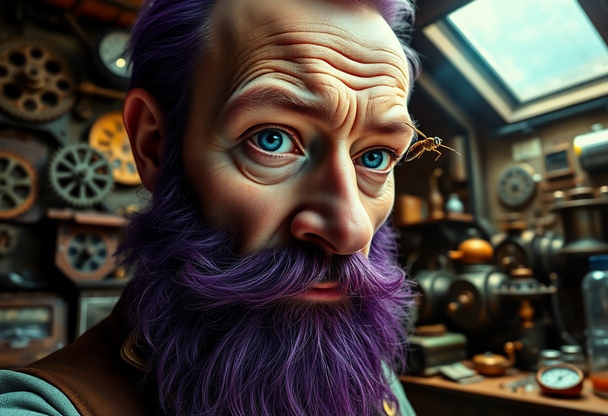 AI generated art for prompt: A super-realistic portrait captures an enigmatic inventor with a vibrant purple beard and hazy blue 