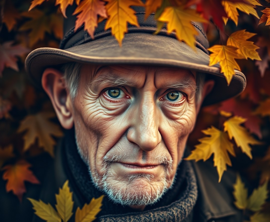 AI generated art for prompt: Craft a photorealistic portrait of an elderly man with melancholic green eyes amidst vibrant autumn 