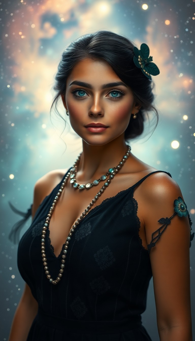 AI generated art for prompt: An enigmatic portrait of a young Polynesian woman with captivating emerald eyes, adorned in vintage 