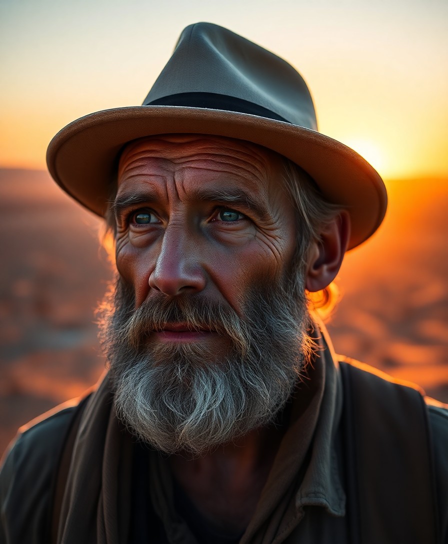 AI generated art for prompt: A high-resolution portrait photograph depicts a weathered traveler with rugged features, framed by a