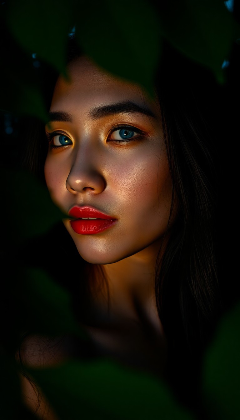 AI generated art for prompt: Craft a photorealistic portrait in chiaroscuro style showcasing a Pacific Islander woman's side prof