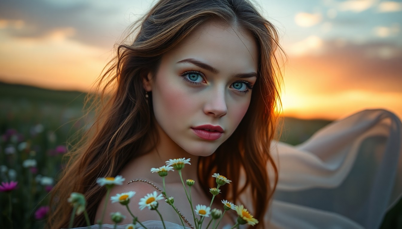 AI generated art for prompt: A photorealistic portrait depicts a young Eastern European woman with porcelain skin and cascading c