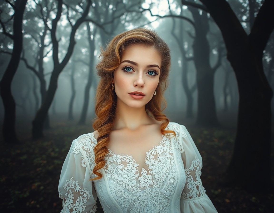 AI generated art for prompt: Craft a captivating portrait of a woman adorned in a vintage-inspired white gown with intricate lace