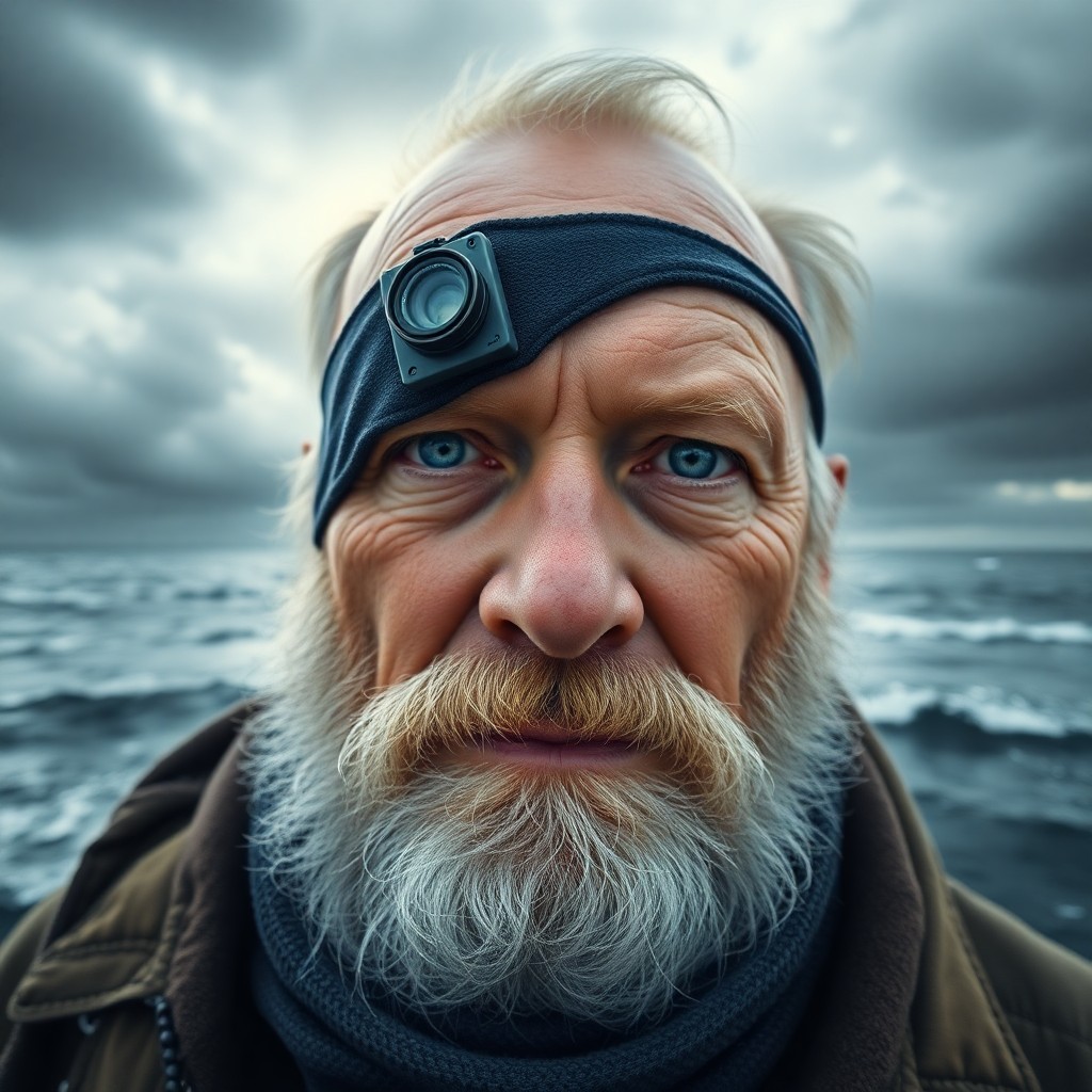 AI generated art for prompt: Craft a hyperrealistic digital portrait of a 45-year-old sea-worn man with intense blue eyes and a t