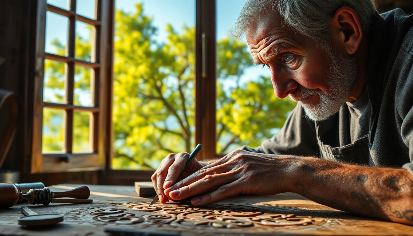 AI generated art for prompt: Imagine a photorealistic portrait of an elderly Southern European artisan engrossed in his craft, il