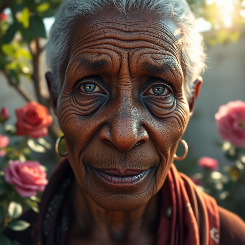 AI generated art for prompt: Craft a super-realistic, high-definition digital painting of an enigmatic elderly African woman with