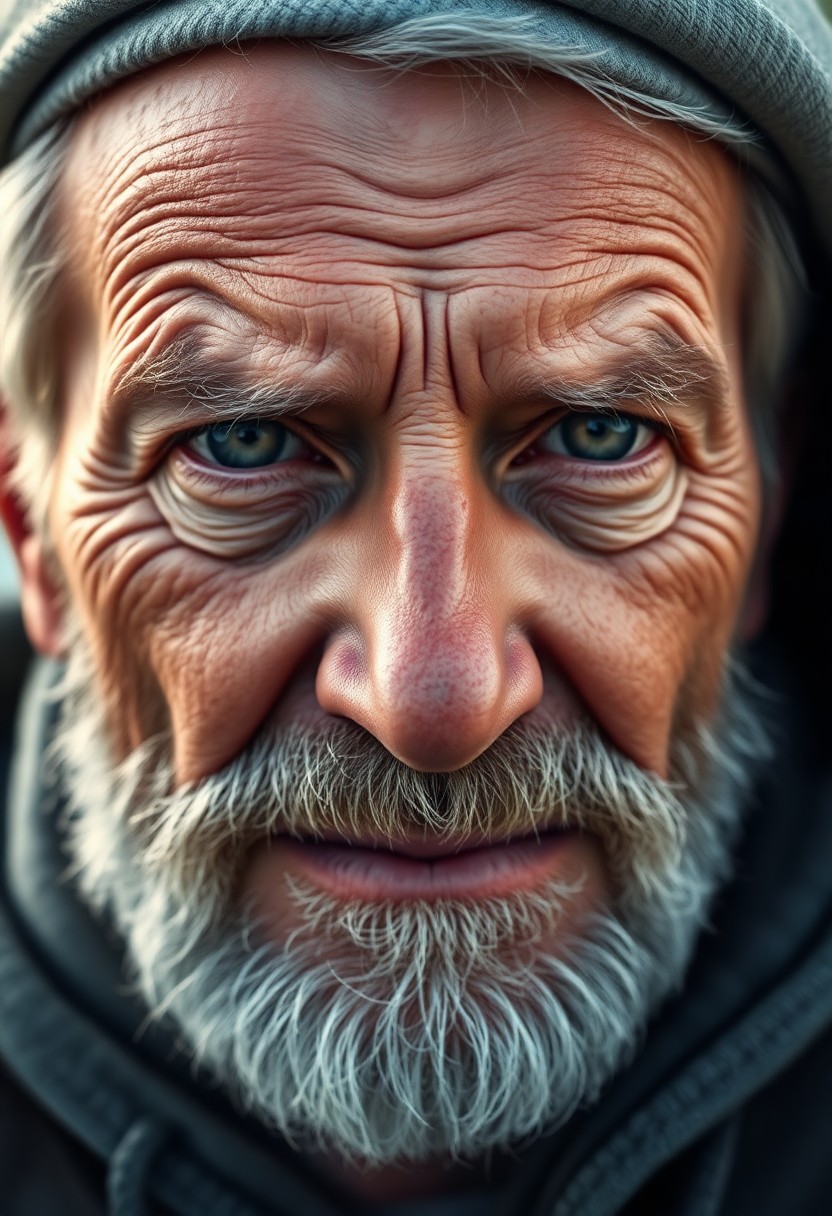 AI generated art for prompt: Craft a hyper-realistic digital portrait of an aged sailor, his sun-creased skin and eyes testifying