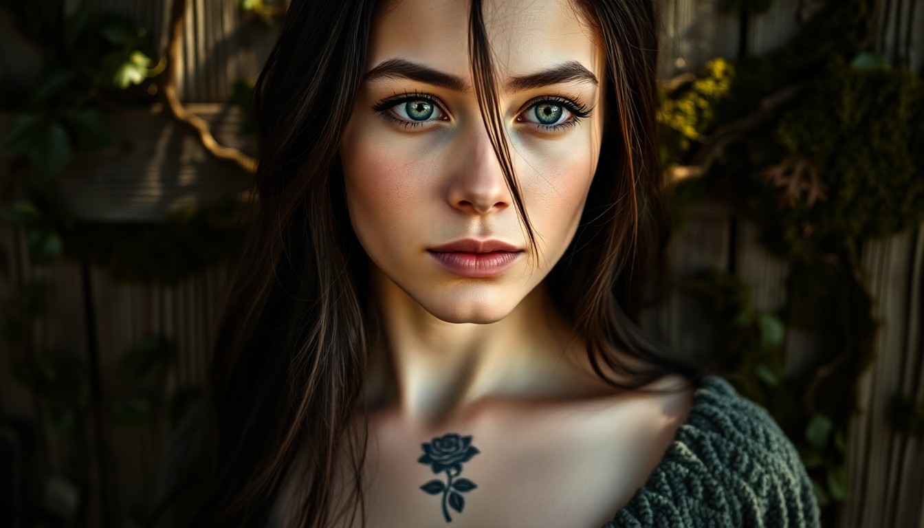 AI generated art for prompt: Craft an evocative portrait of a young Nordic woman with distant green eyes and long dark hair, ador