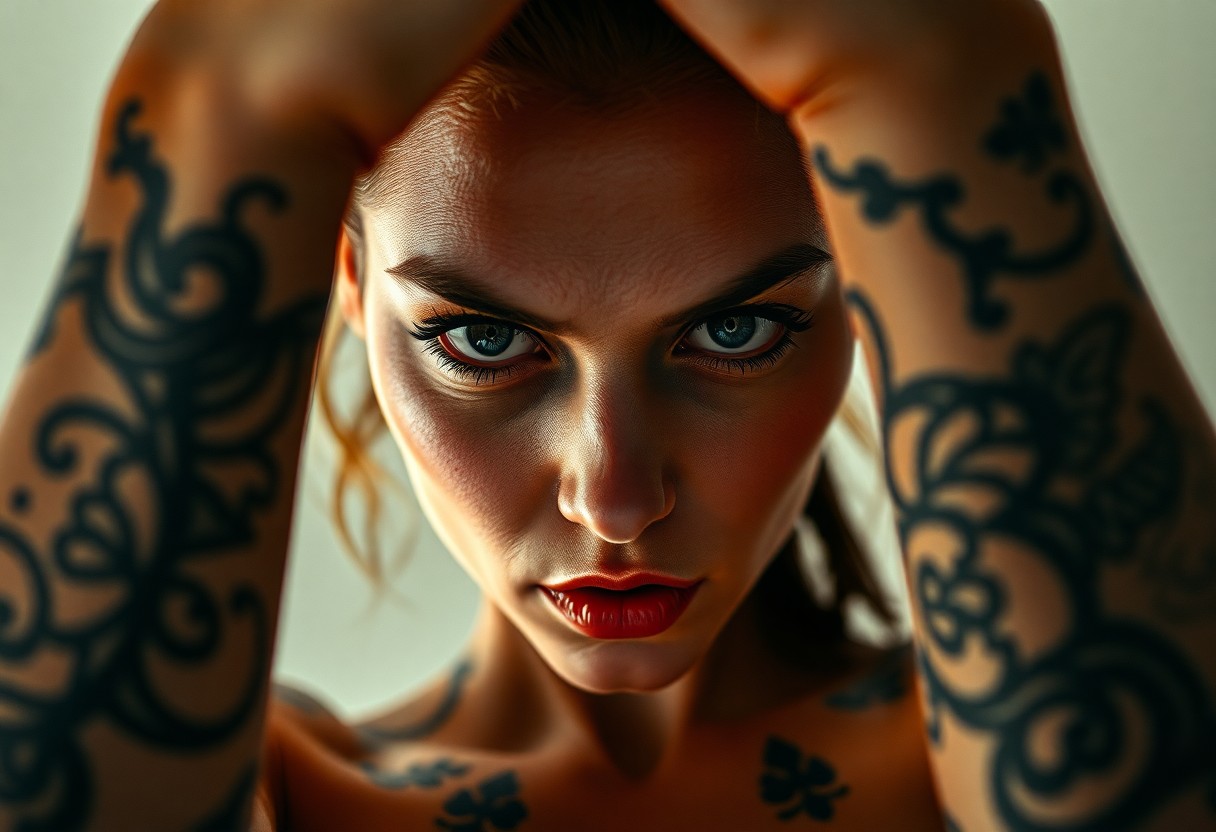 AI generated art for prompt: A super-realistic portrait captures an enigmatic woman with intricate tattoos adorning her arms from