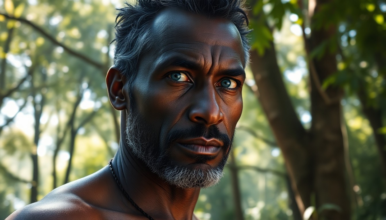 AI generated art for prompt: Envision a photorealistic portrait of a middle-aged Caribbean man with piercing blue eyes and rugged