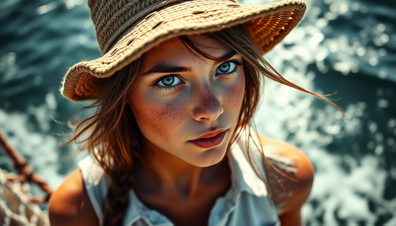 AI generated art for prompt: A photorealistic portrait of a wind-swept girl with sun-kissed skin and soft blue eyes exudes both e