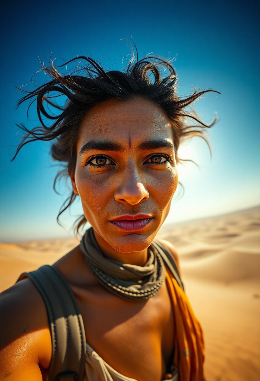 AI generated art for prompt: Render an ultrarealistic portrait of a seasoned traveler from a unique bug's-eye view perspective. T