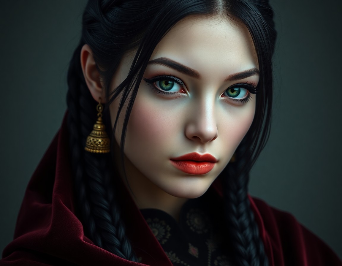 AI generated art for prompt: A highly detailed close-up portrait showcases an enigmatic woman with piercing emerald eyes and slee