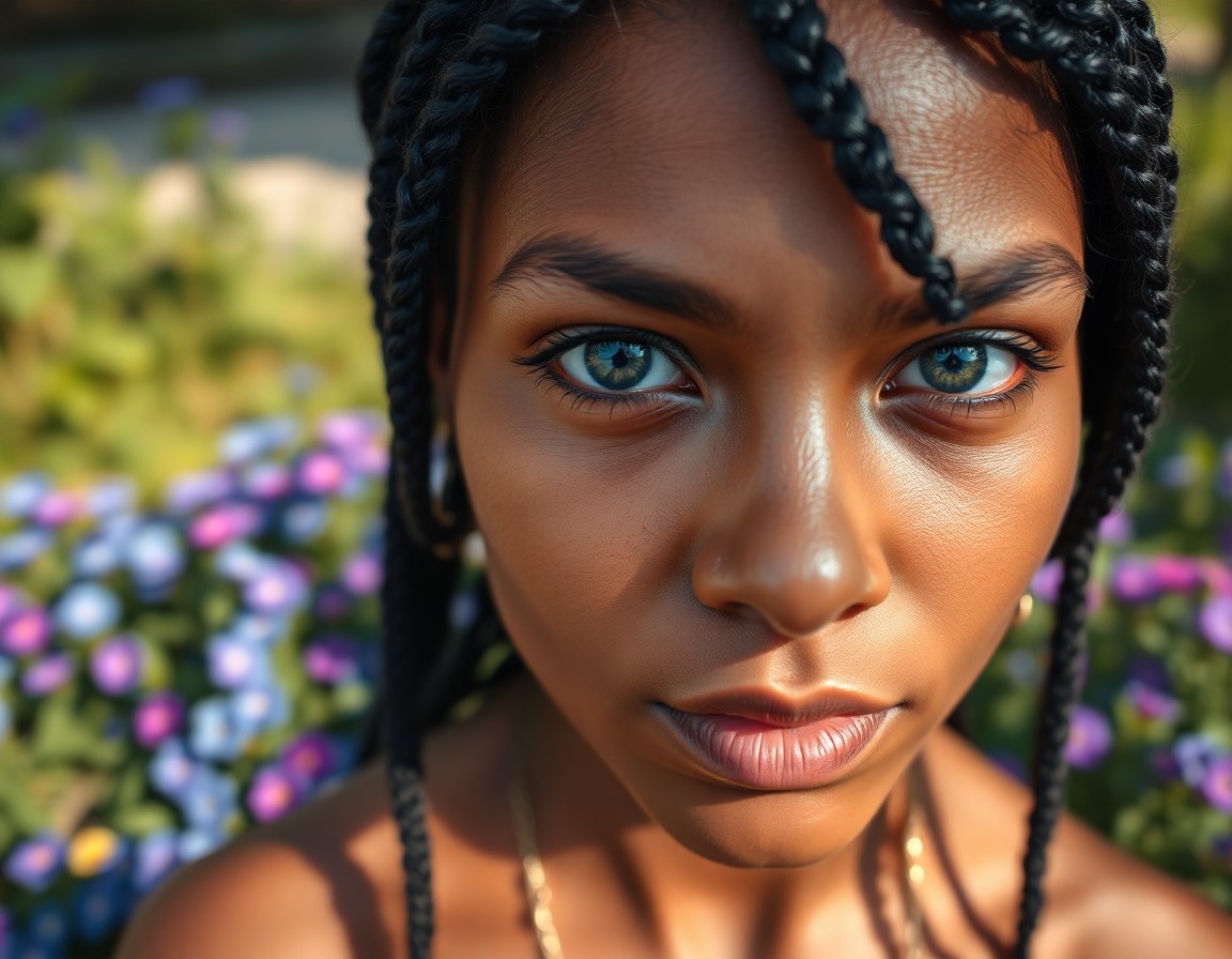 AI generated art for prompt: A portrait photograph showcases a serene 35-year-old Melanesian woman with captivating green eyes an