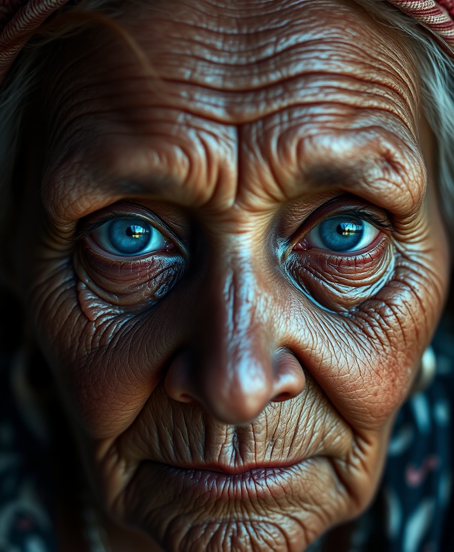 AI generated art for prompt: Craft a close-up portrait of an elderly Pacific Islander woman with captivating blue eyes, her skin 