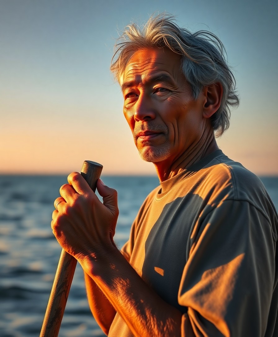 AI generated art for prompt: Visualize a photorealistic portrait of an experienced fisherman with sun-kissed wrinkles and untamed