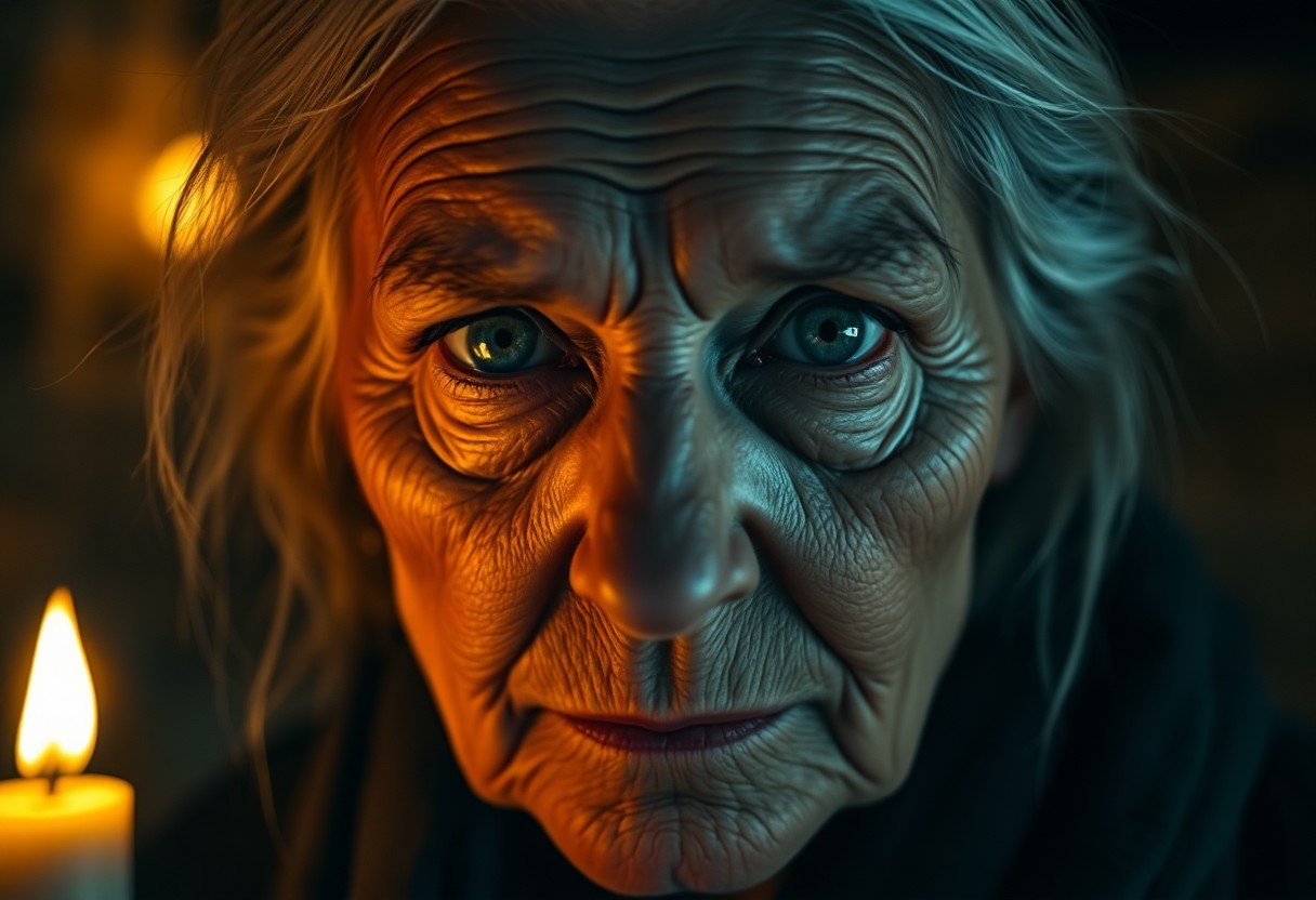 AI generated art for prompt: A portrait photograph captures the intense gaze of an aged yet wise sage, her piercing emerald eyes 