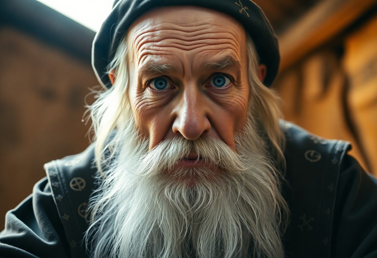 AI generated art for prompt: Craft a Renaissance-inspired portrait focusing on an aged wizard with serene blue eyes and a flowing