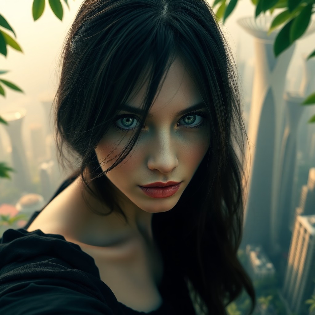 AI generated art for prompt: A porcelain-skinned woman with an enigmatic expression and misty green eyes captures a unique perspe