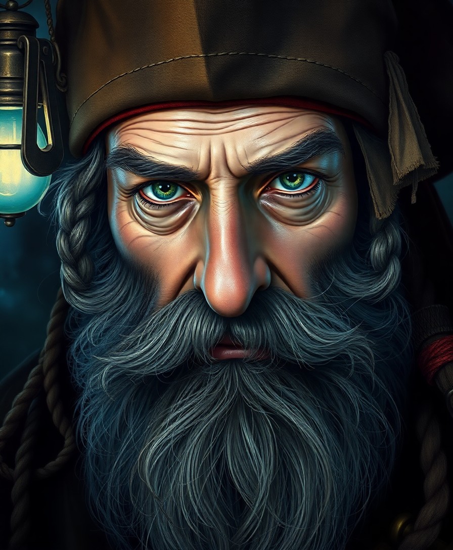 AI generated art for prompt: Craft an ultrarealistic oil painting portrait of a grizzled pirate captain with rugged features and 