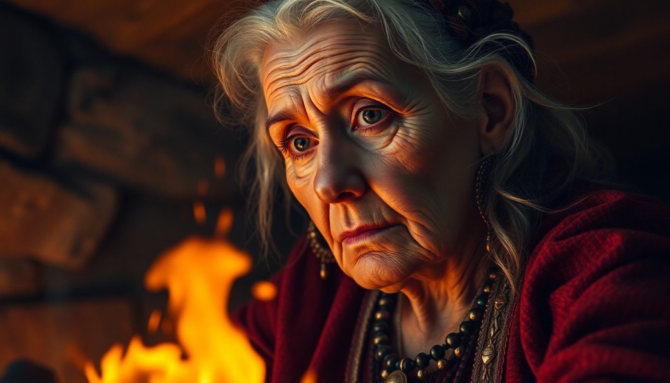 AI generated art for prompt: Depict a superrealistic portrait of an elderly sorceress in Dutch Golden Age style, her time-worn sk