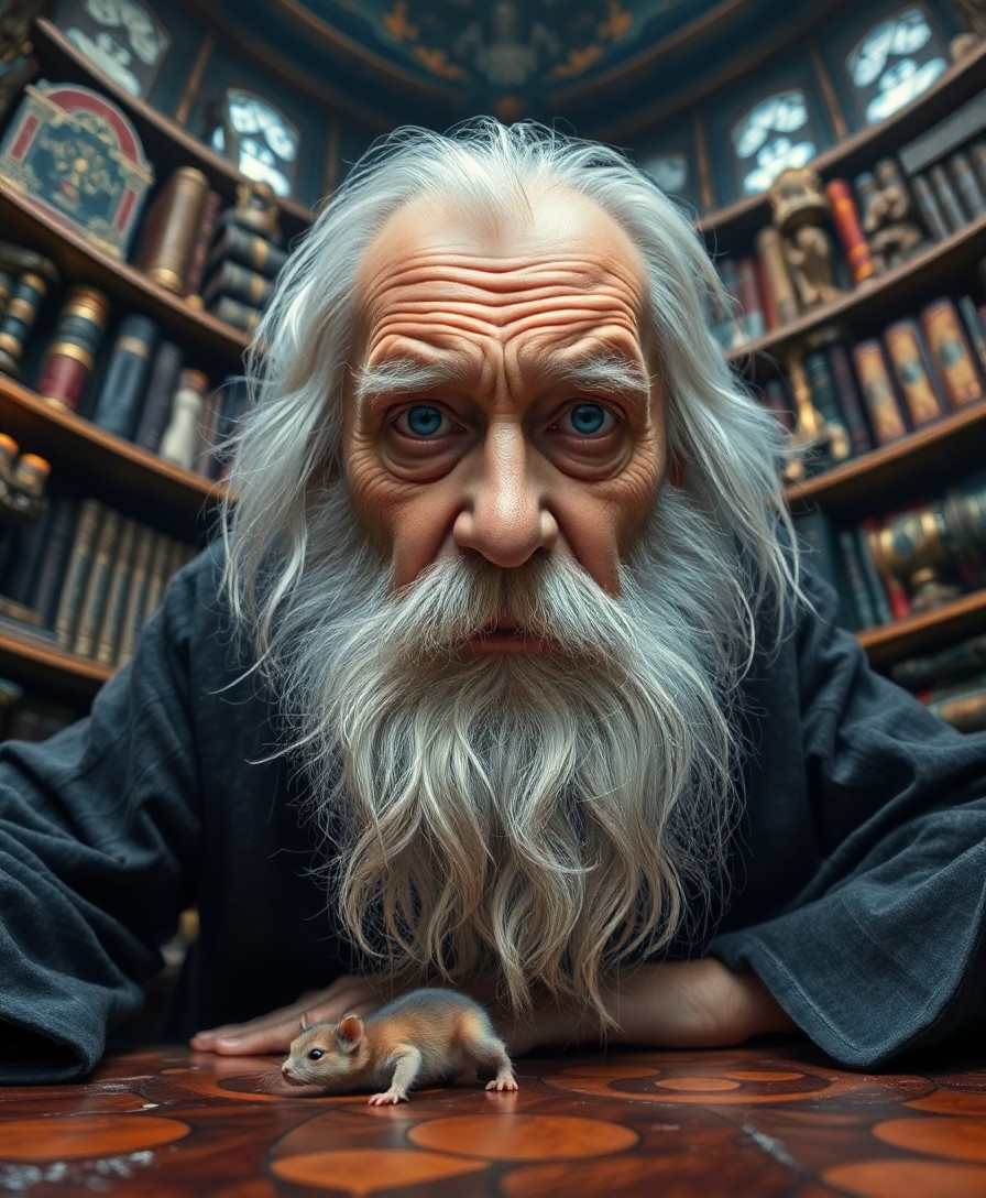 AI generated art for prompt: Craft an ultra-realistic portrait of a wizened old wizard with melancholic blue eyes and a flowing w