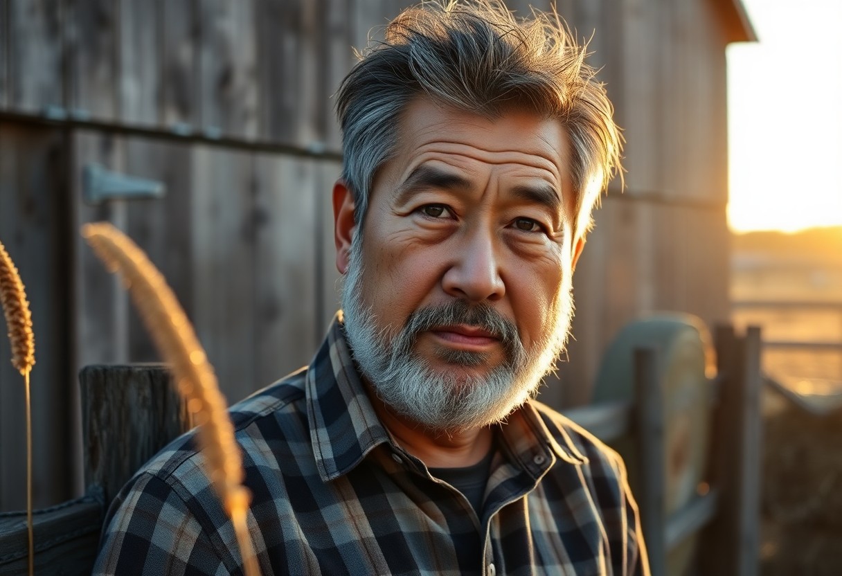 AI generated art for prompt: A middle-aged East Asian man with lined features and clouded blue eyes stands before a rustic barn b