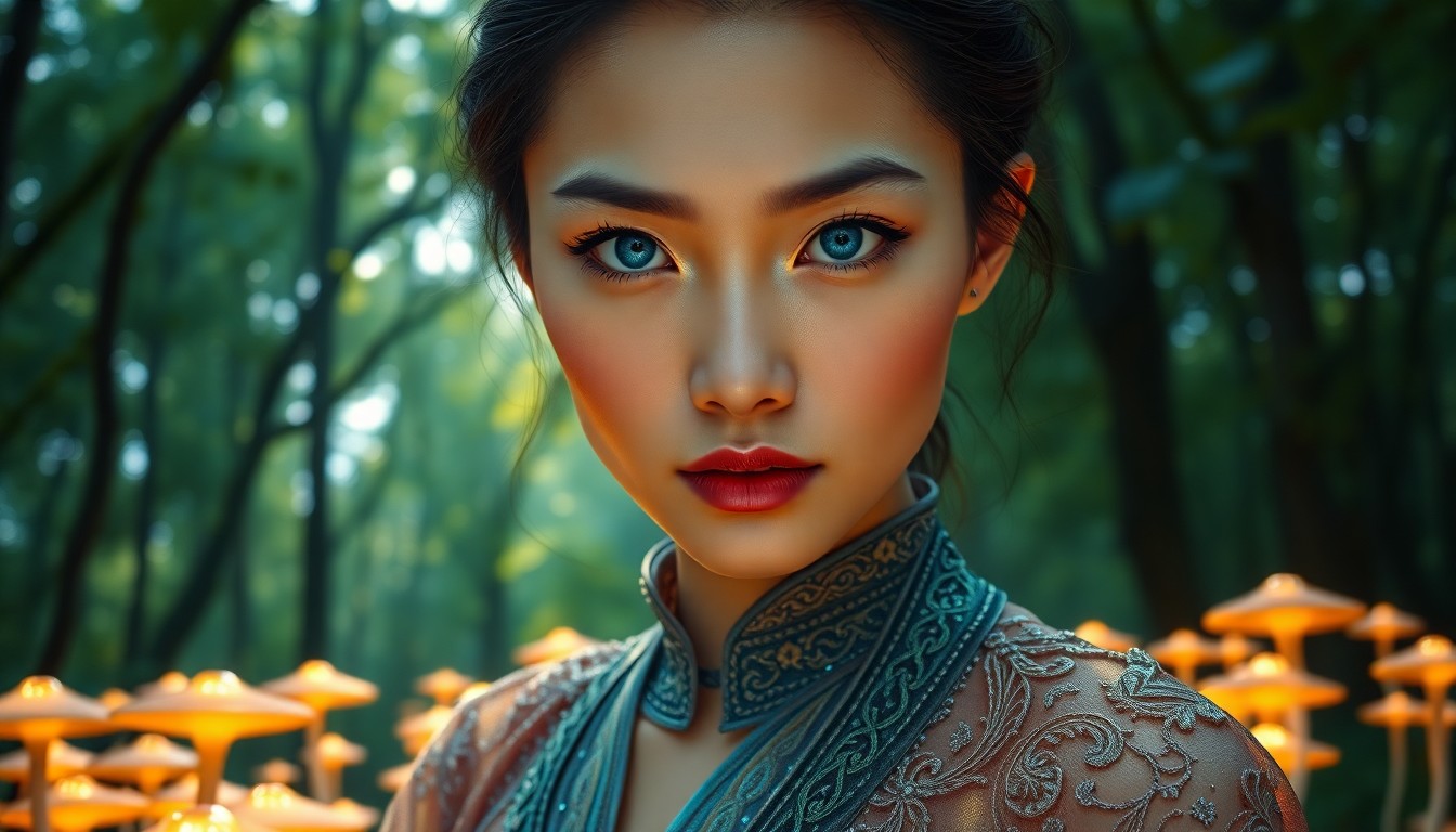 AI generated art for prompt: A photorealistic portrait of an East Asian woman with striking cerulean eyes, her gaze intense and c