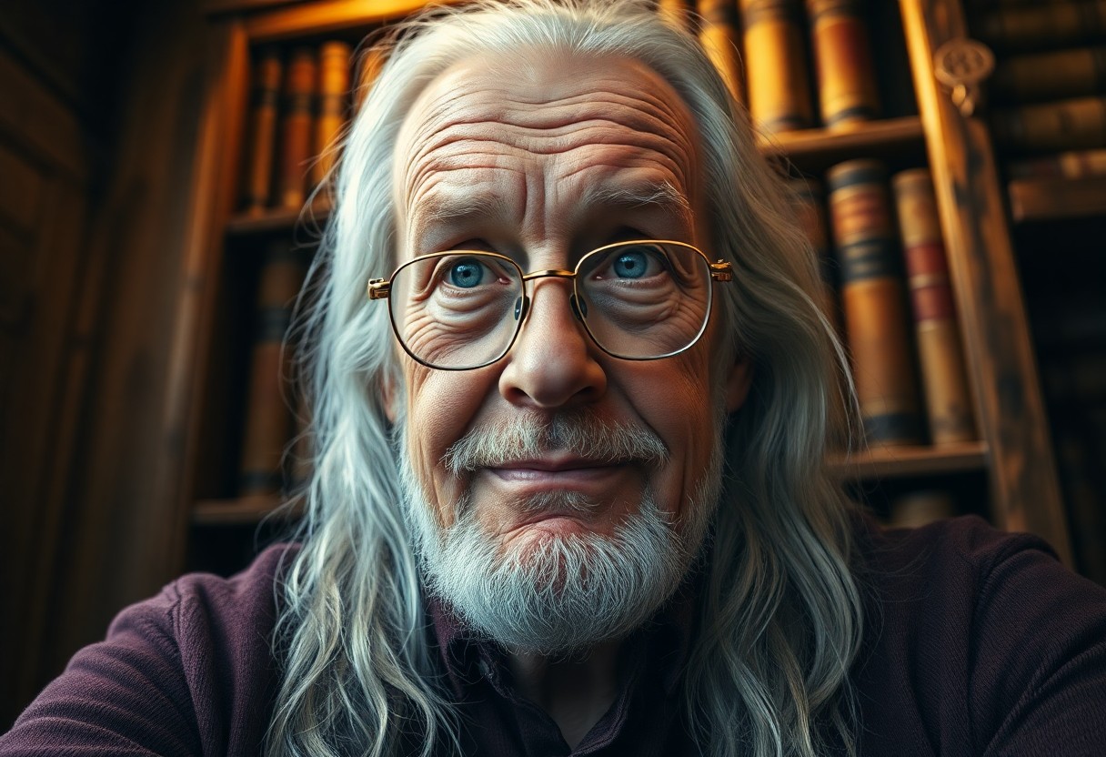 AI generated art for prompt: A hyperrealistic portrait of an elderly sage with calm blue eyes and long silver hair cascading to h