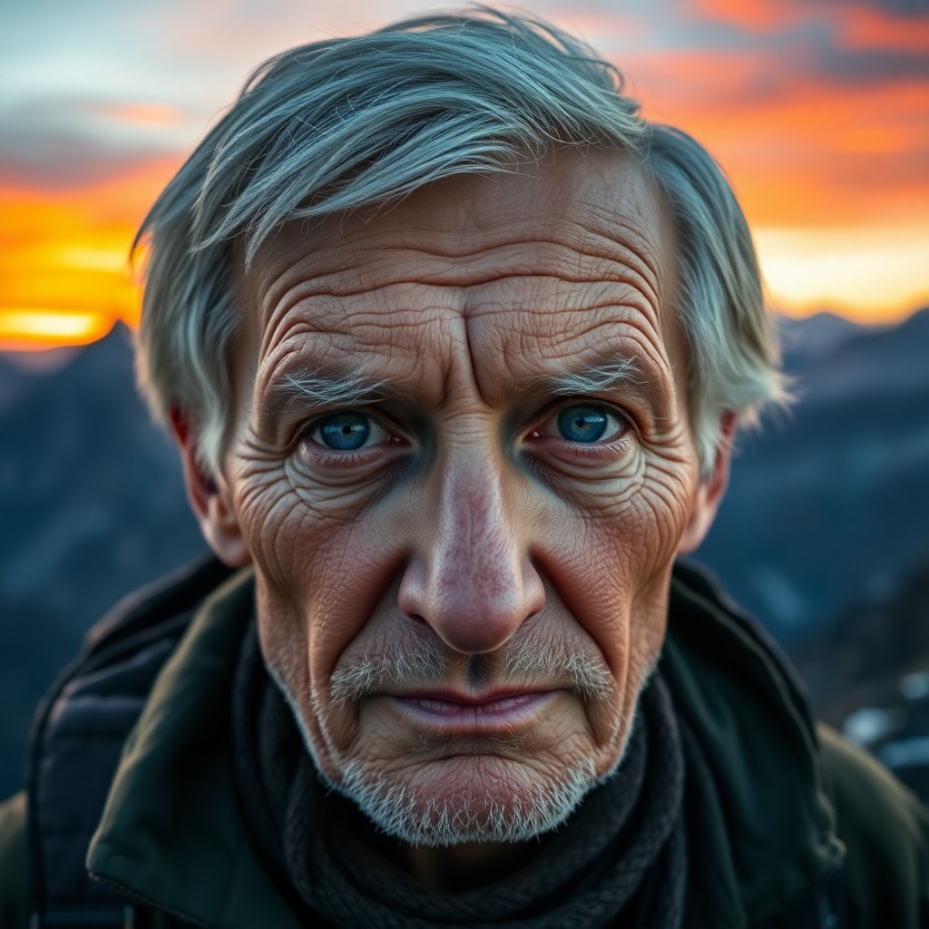 AI generated art for prompt: Envision a hyper-realistic portrait of an aged explorer with weathered skin, gentle blue eyes, and c