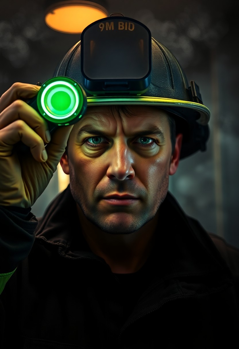 AI generated art for prompt: A super-realistic portrait captures an experienced firefighter's intense gaze as he peers through hi