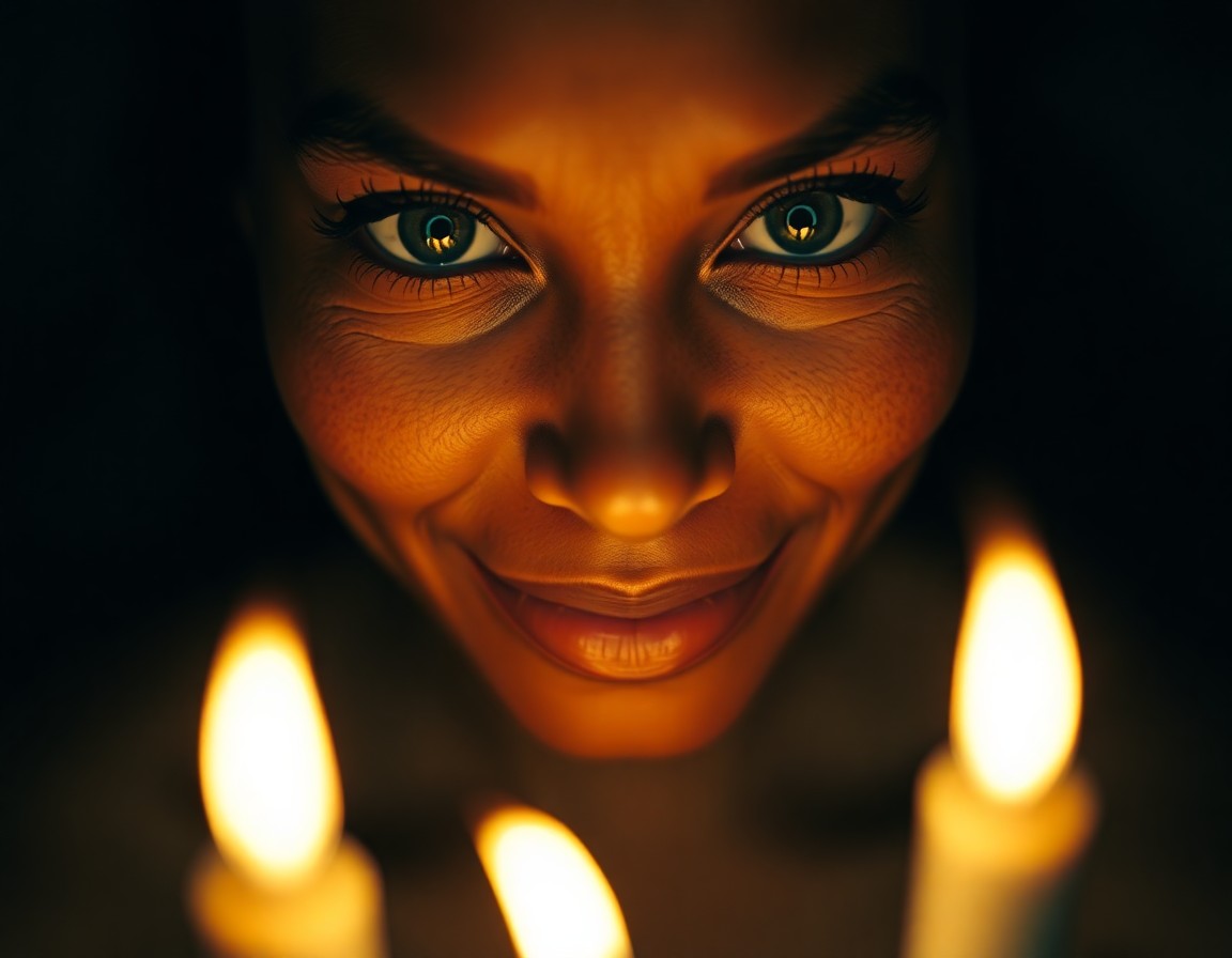 AI generated art for prompt: A captivating portrait, illuminated by soft candlelight, showcases a Melanesian woman with enchantin