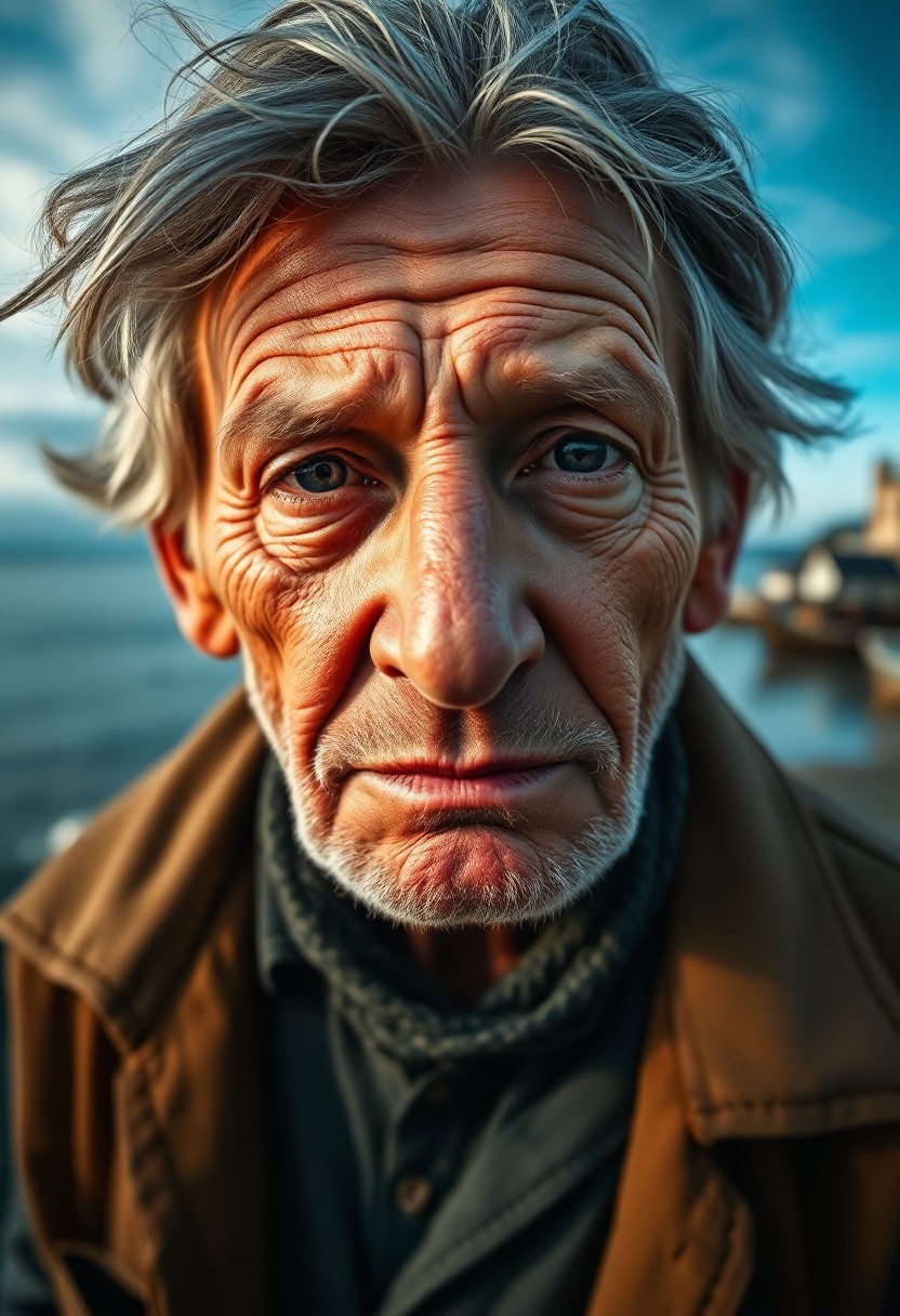 AI generated art for prompt: Depict a photorealistic portrait of an elderly fisherman with eyes lined by the sun and skin weather