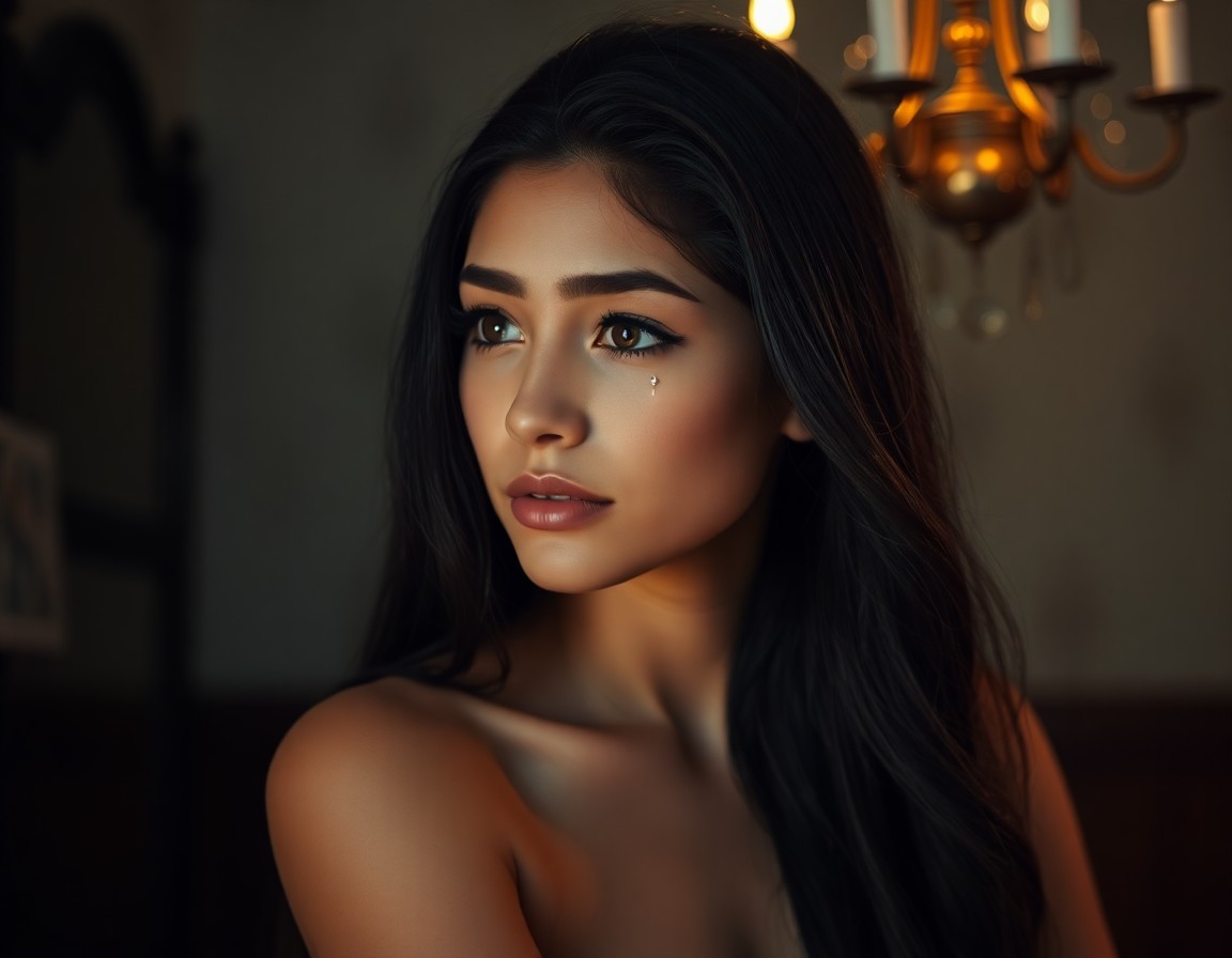 AI generated art for prompt: A captivating portrait showcases a young Hispanic woman with mesmerizing hazel eyes and thick lashes