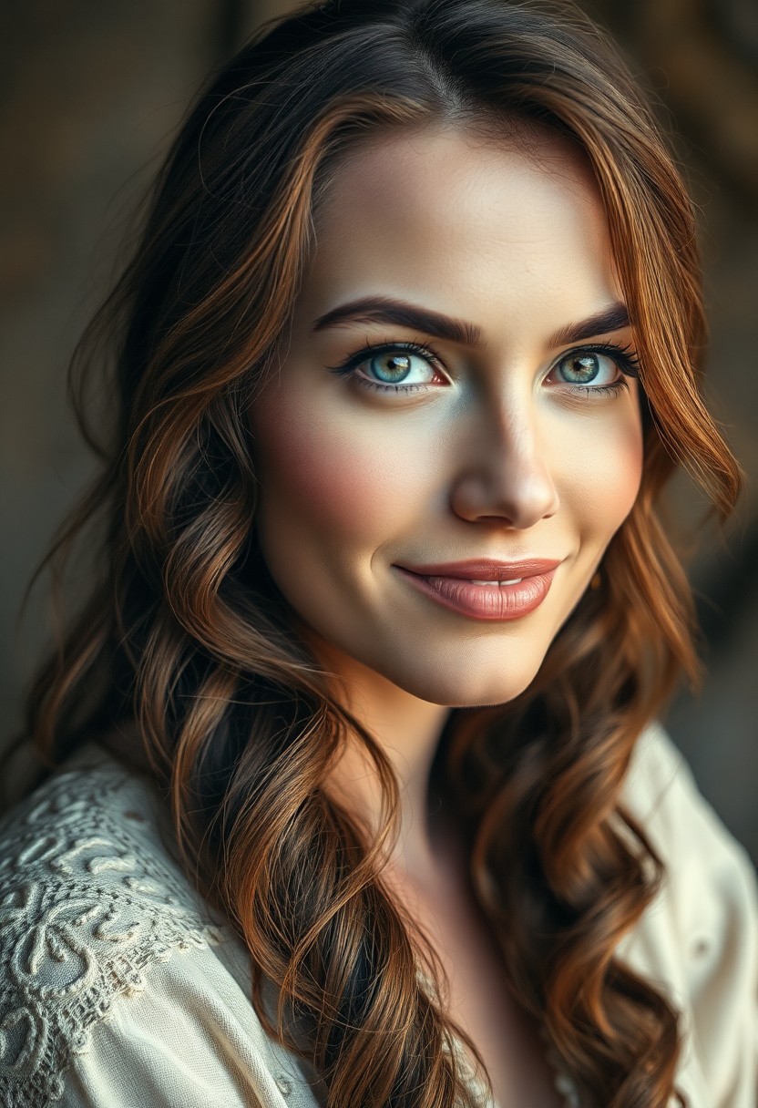 AI generated art for prompt: Craft a captivating portrait of an Andean woman with warm blue eyes and wavy chestnut hair adorned b