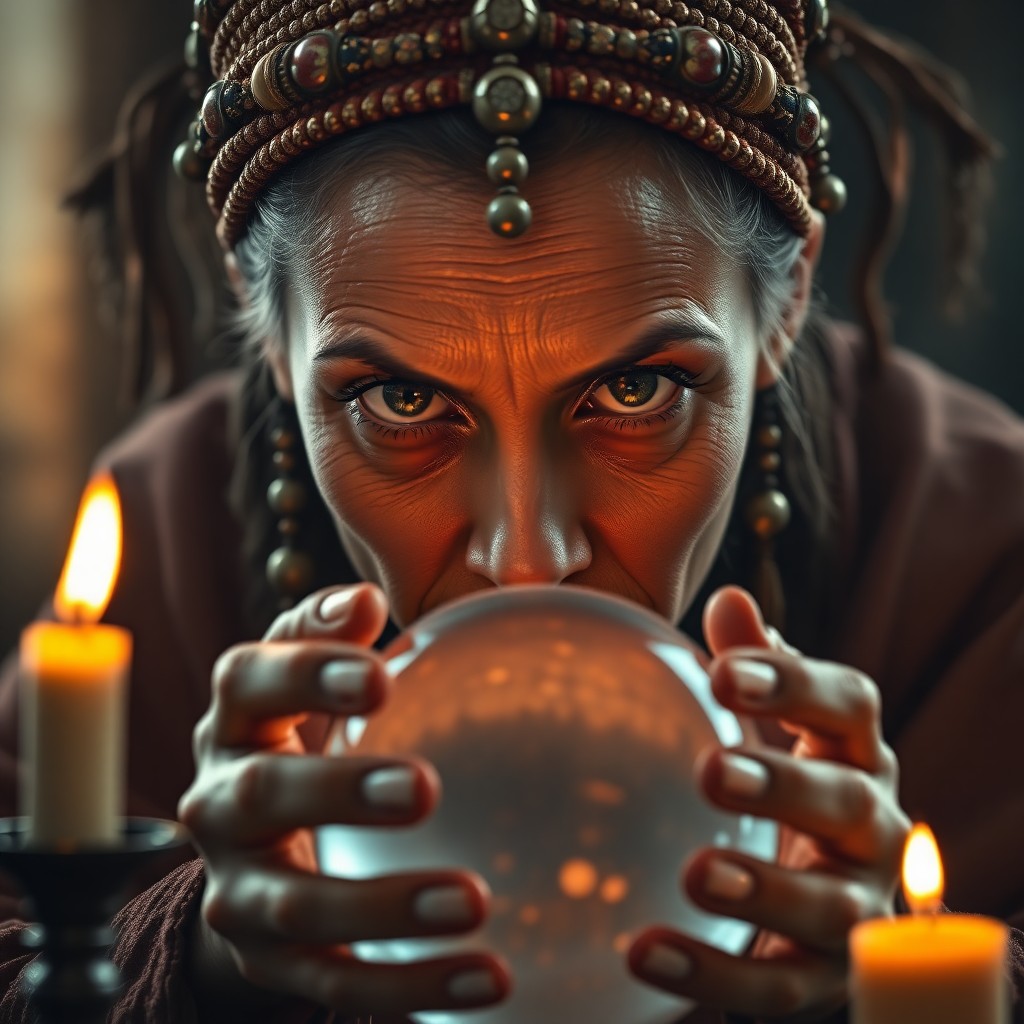 AI generated art for prompt: A photorealistic portrait captures a mysterious fortune teller's essence as warm candlelight from a 