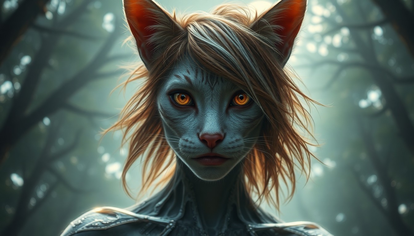 AI generated art for prompt: Create an enigmatic portrait of a shapeshifter with luminous amber eyes and tousled chestnut hair st