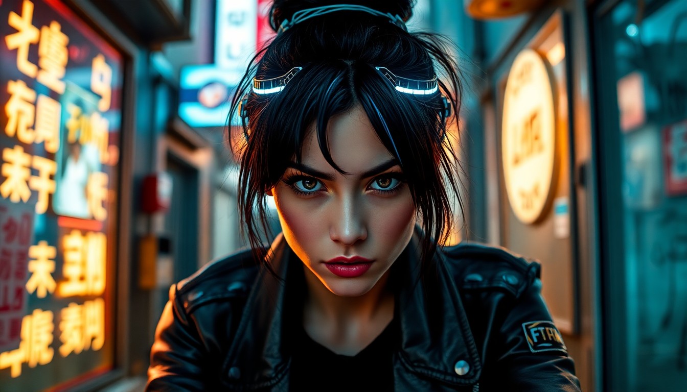 AI generated art for prompt: A captivating cyberpunk hacker artist with jet-black hair in a messy bun featuring electric-blue str