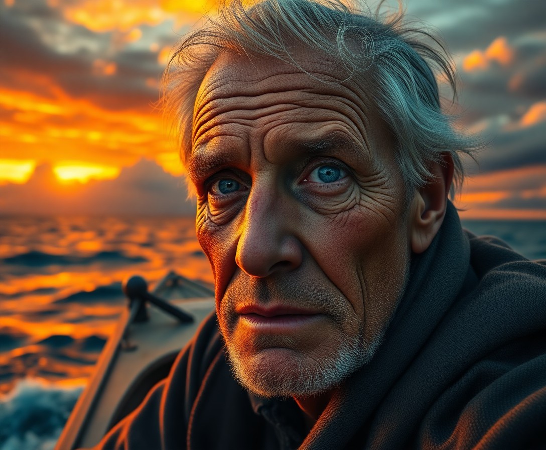 AI generated art for prompt: Envision a hyper-realistic portrait of an aged fisherman with skin weathered by the sun and eyes as 