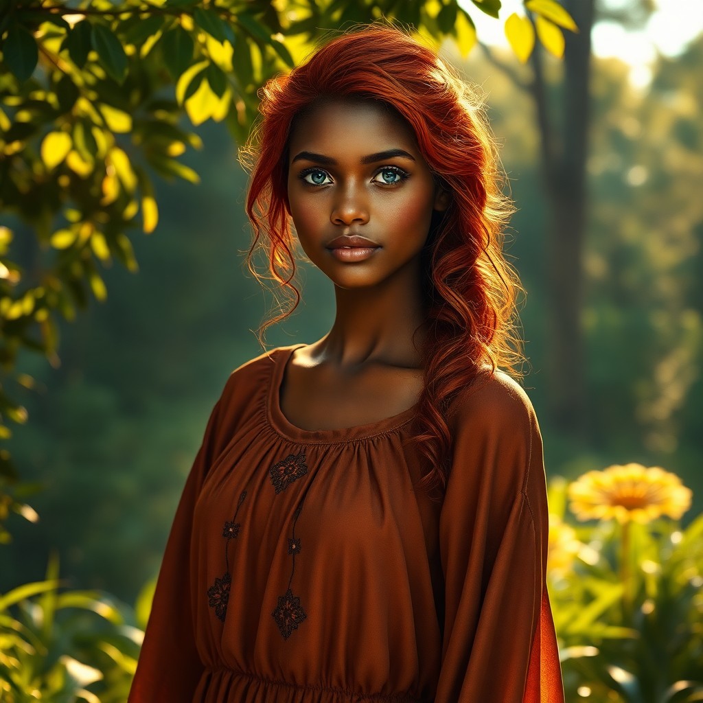 AI generated art for prompt: Craft a photorealistic portrait of a young Sub-Saharan African woman adorned with vibrant red hair i