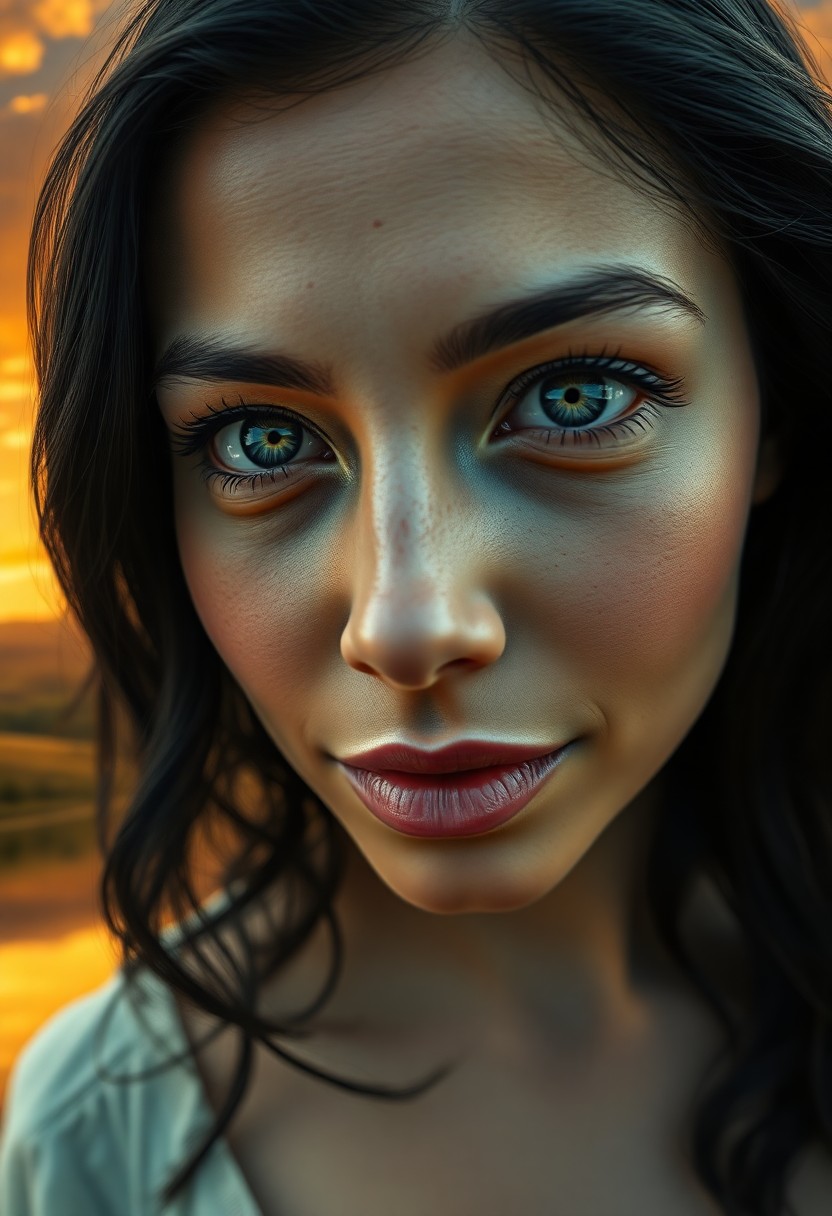 AI generated art for prompt: A hyper-realistic digital portrait showcases an enigmatic Hispanic woman with captivating kind blue 