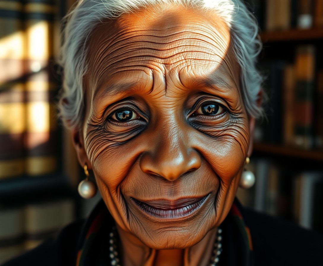 AI generated art for prompt: A serene elderly Sub-Saharan African woman's photorealistic portrait showcases wisdom in her deep ey