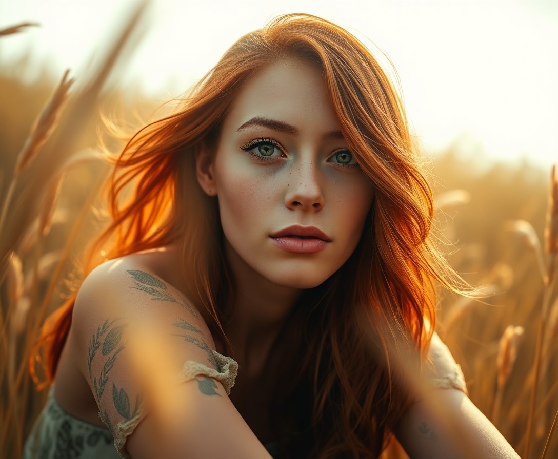 AI generated art for prompt: A photorealistic portrait showcases a captivating Polynesian woman with warm green eyes and fiery re