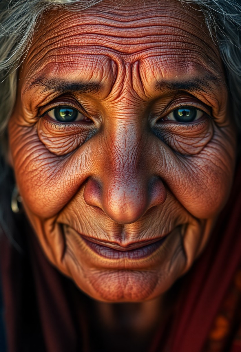 AI generated art for prompt: Imagine an alluring photorealistic portrait of a South Asian elder with weathered skin and deep-set 