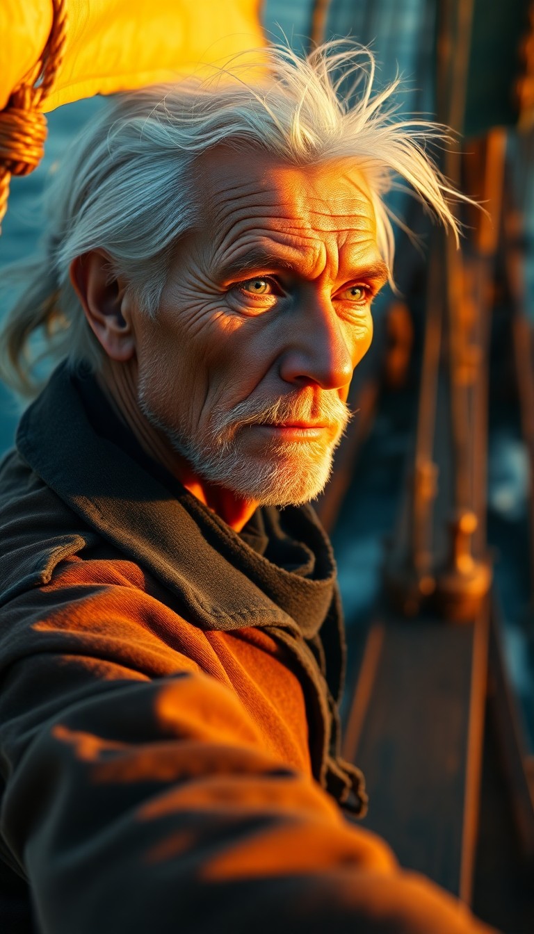 AI generated art for prompt: A captivating photorealistic portrait of an elderly sailor with serene blue eyes and sun-kissed, wri